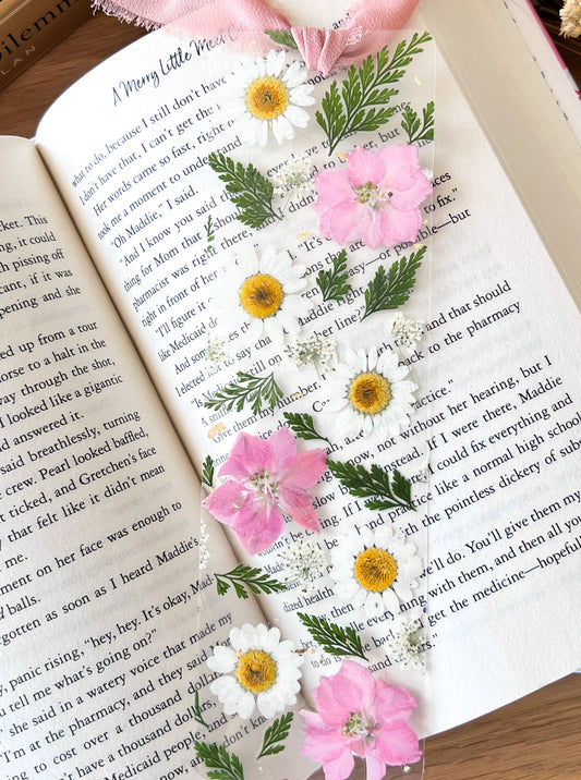 pink white pressed flower bookmark for readers