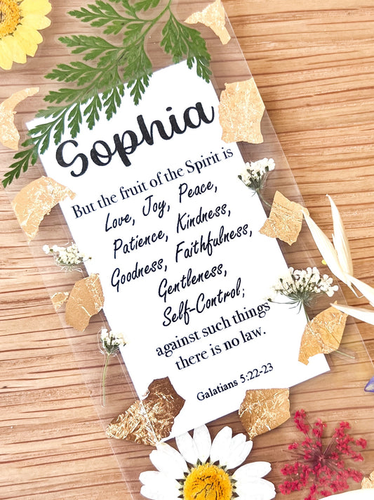  Bookmark includes the following scripture passage : "[custom name] But the fruit of the Spirit is Love, Joy, Peace, Patience, Kindness, Goodness, Faithfulness, Gentleness, Self-Control; against such things there is no law. Galatians 5:22-23"