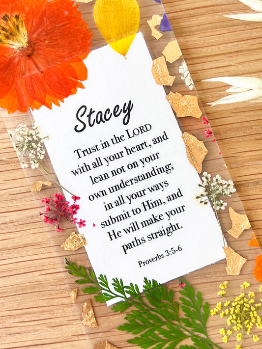Bookmark includes the following scripture passage : "[custom name] Trust in the LORD with all your heart, and lean not on your own understanding; in all your ways submit to Him, and He will make your paths straight. Proverbs 3:5-6"