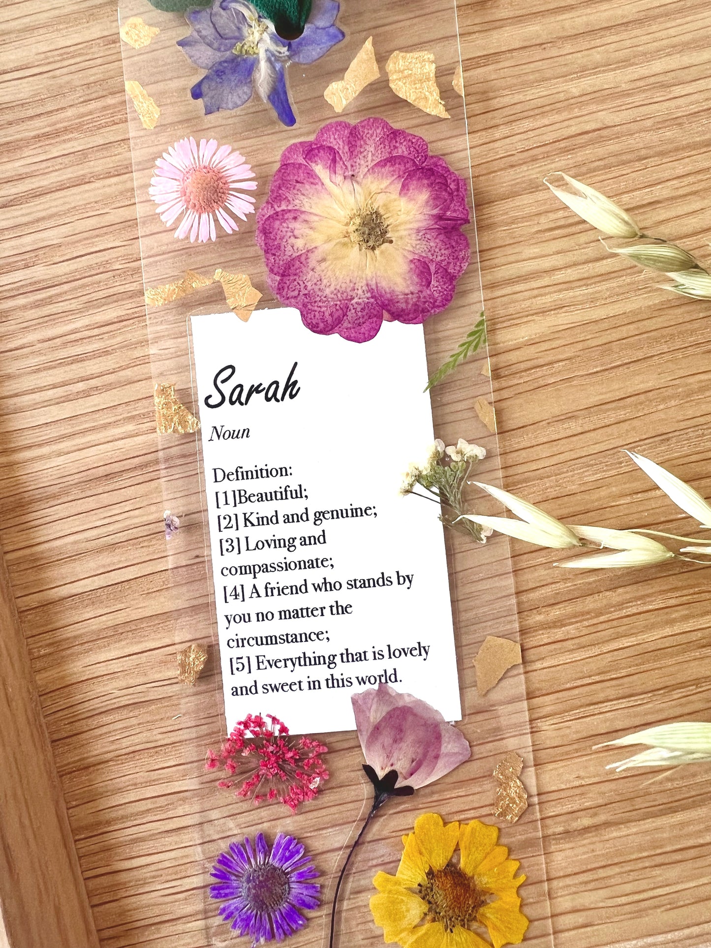 Bookmark includes the following message: "[custom name]Definition: [1]Beautiful;[2] Kind and genuine; [3] Loving and compassionate; [4] A friend who stands by you no matter the circumstance; [5] Everything that is lovely and sweet in this world."