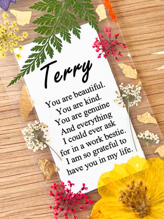 Bookmark includes the following thank you message: "[custom name] You are beautiful. You are kind. You are genuine And everything I could ever ask for in a colleague. I am so grateful to have you in my life."