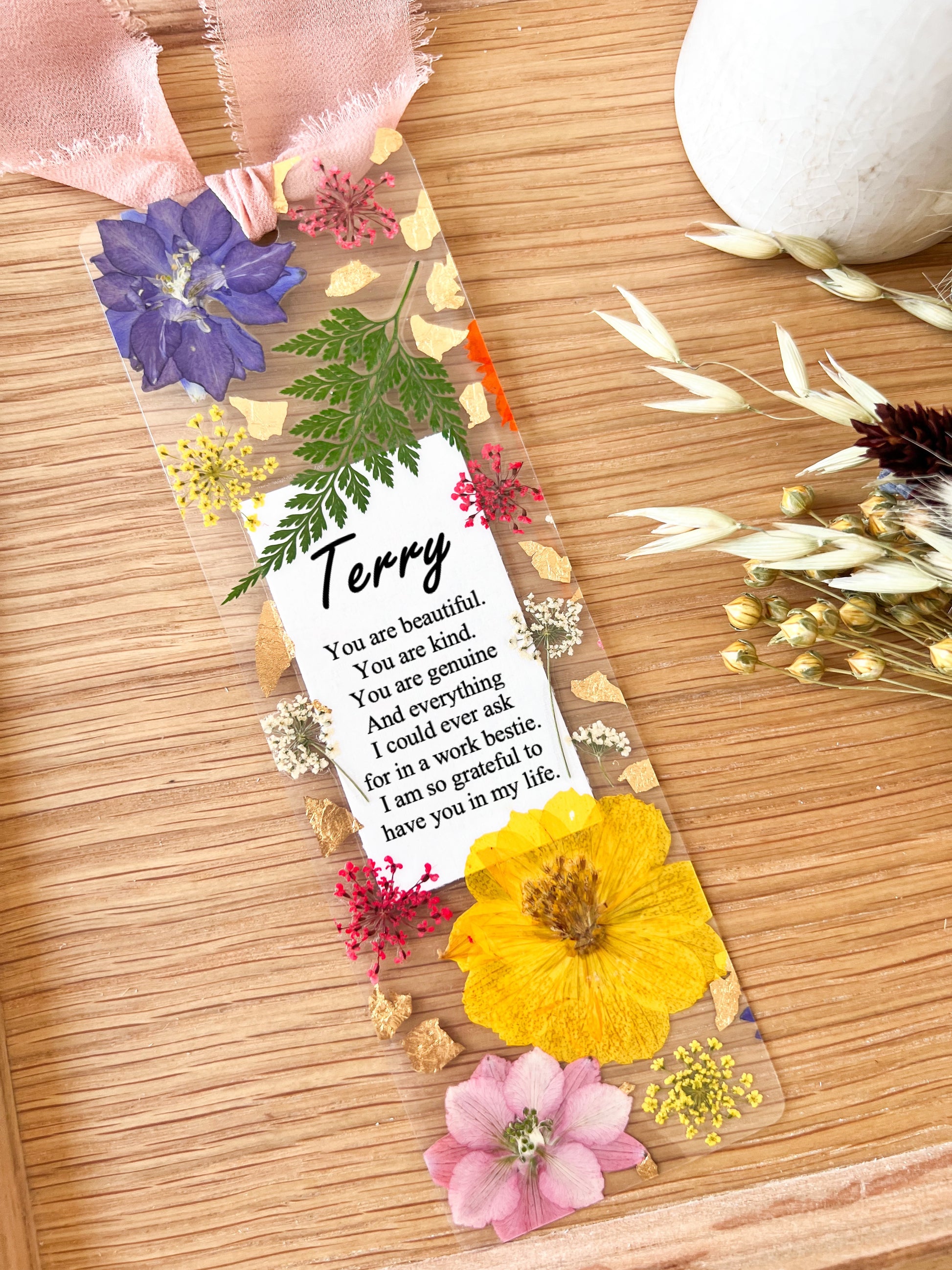 Bookmark includes the following thank you message: "[custom name] You are beautiful. You are kind. You are genuine And everything I could ever ask for in a colleague. I am so grateful to have you in my life."