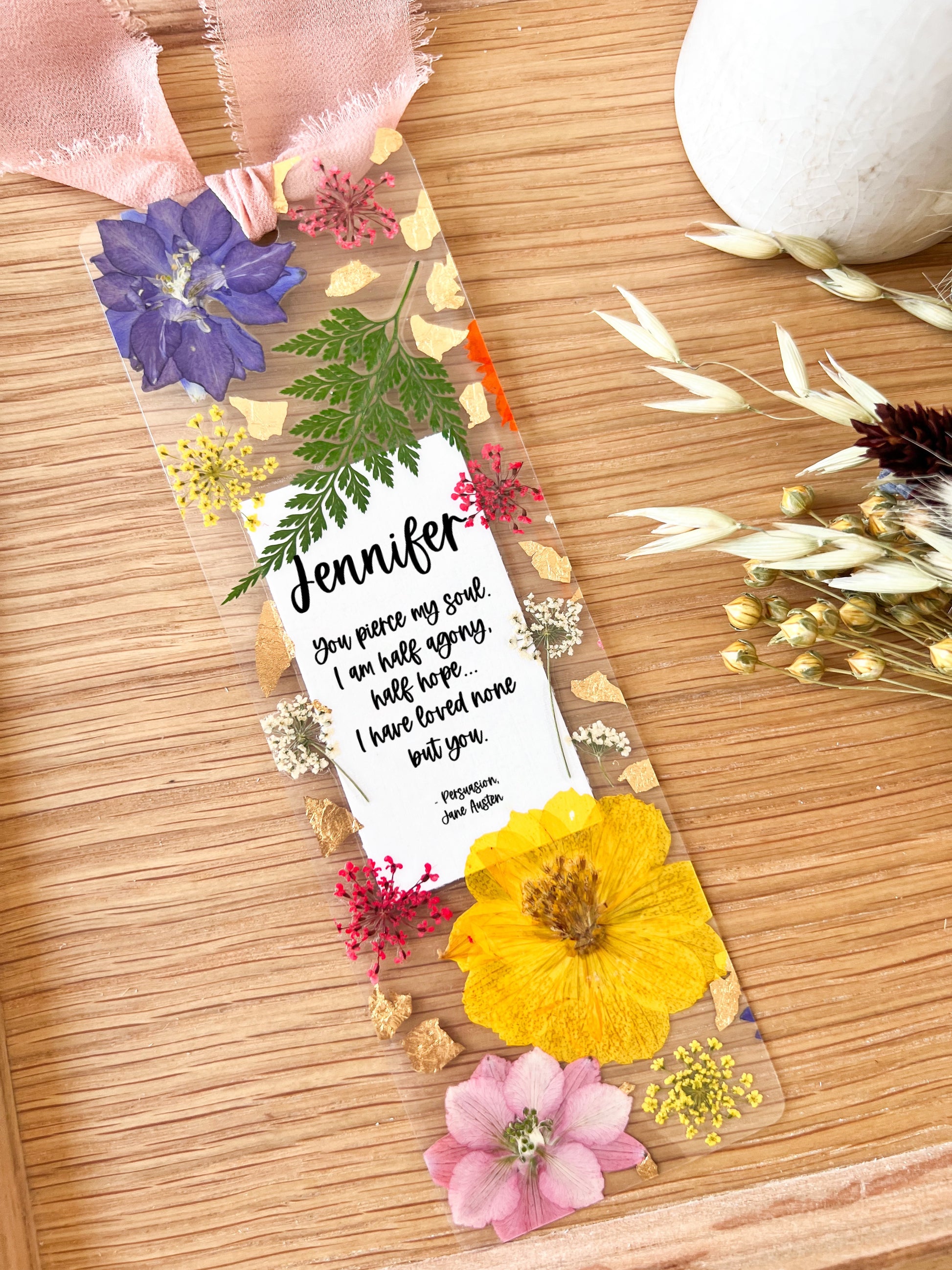 Bookmark includes the following romantic quote by Jane Austen (Persuasion): "[custom name] You pierce my soul. I am half agony, half hope... I have loved none but you."