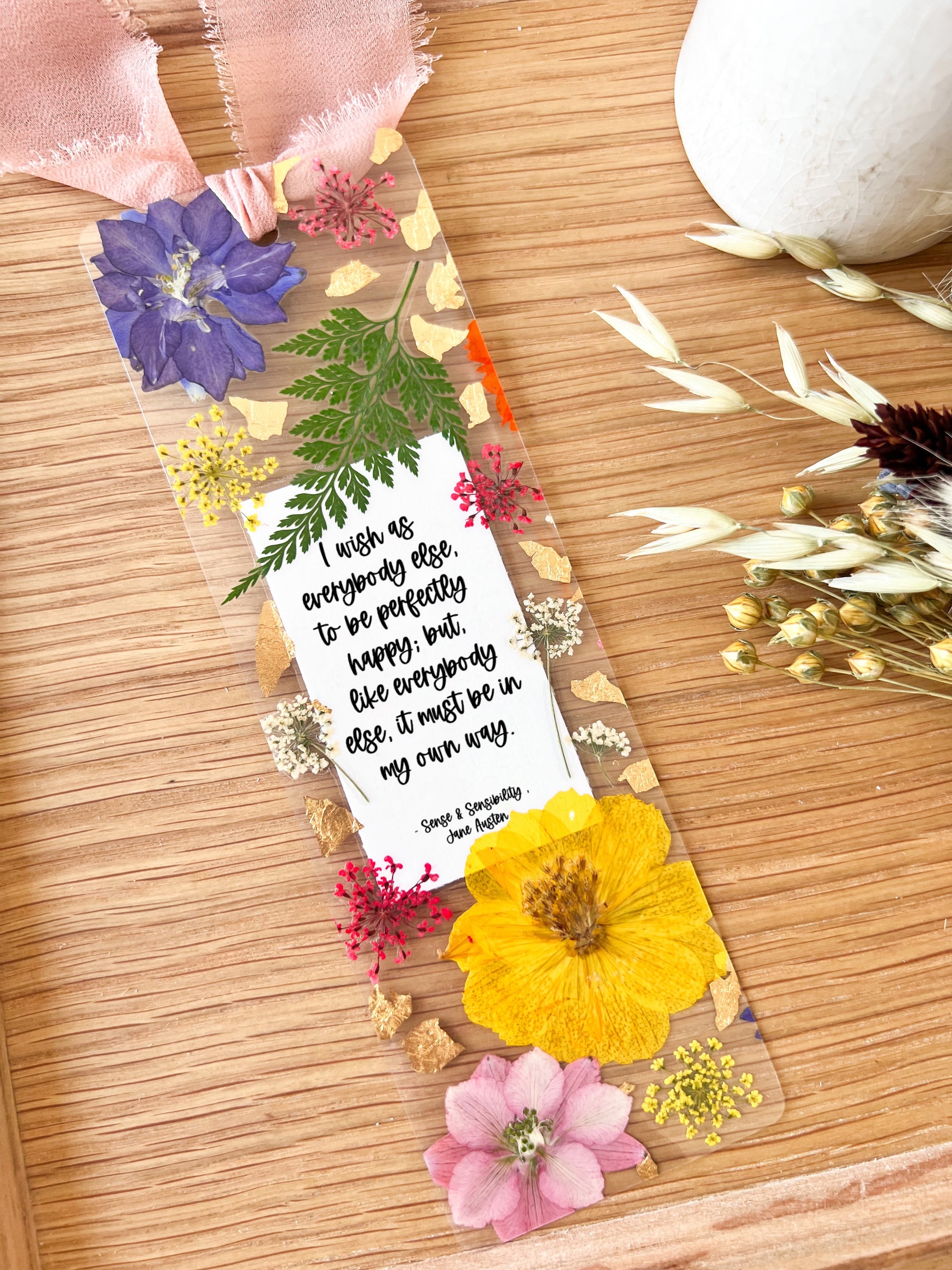 Bookmark includes the following romantic quote by Jane Austen (Sense & Sensibility): "I wish as everybody else, to be perfectly happy; but, like everyone else, it must be in my own way. "