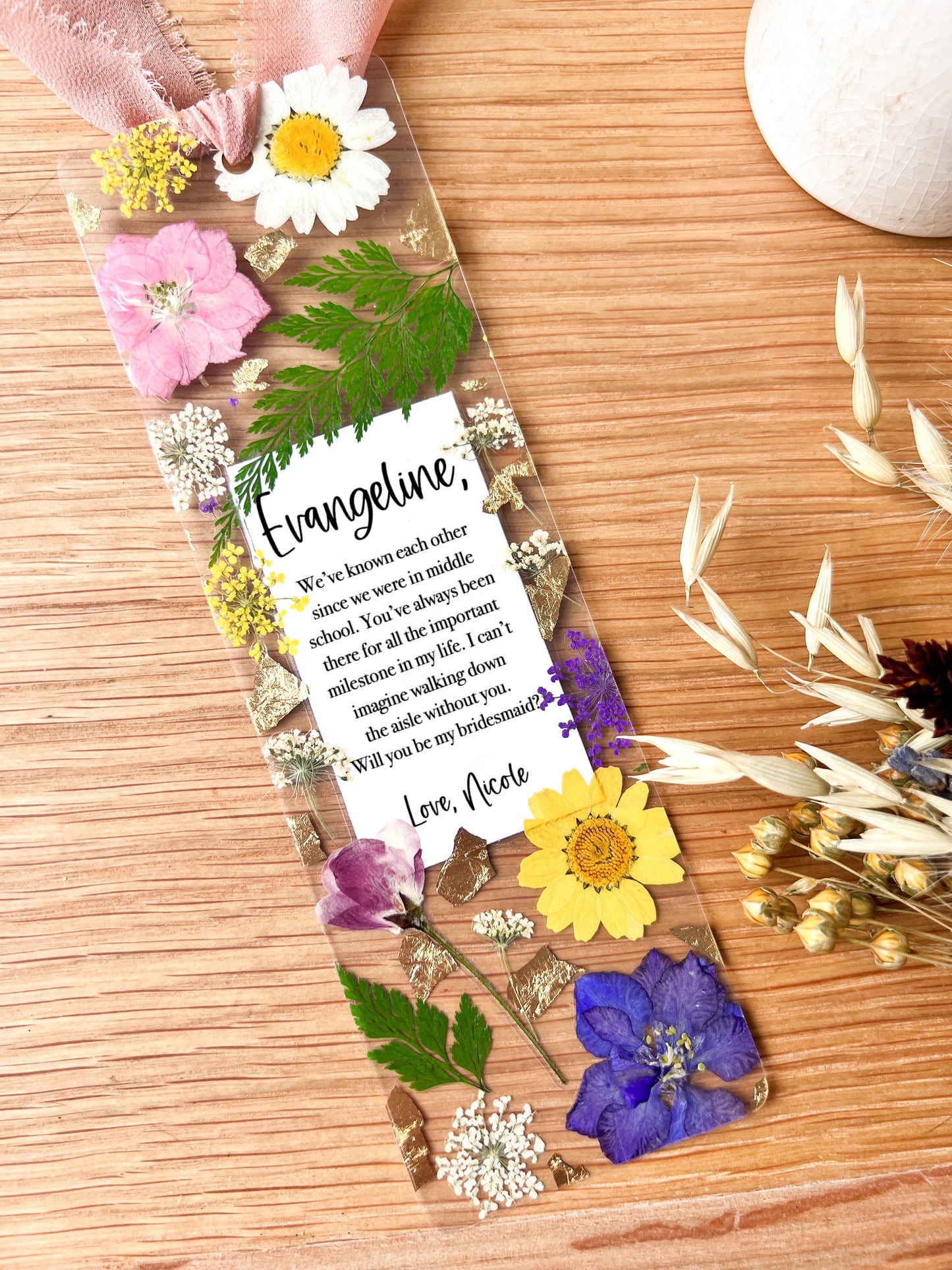 Bridesmaid Custom Message Pressed Flower Bookmark