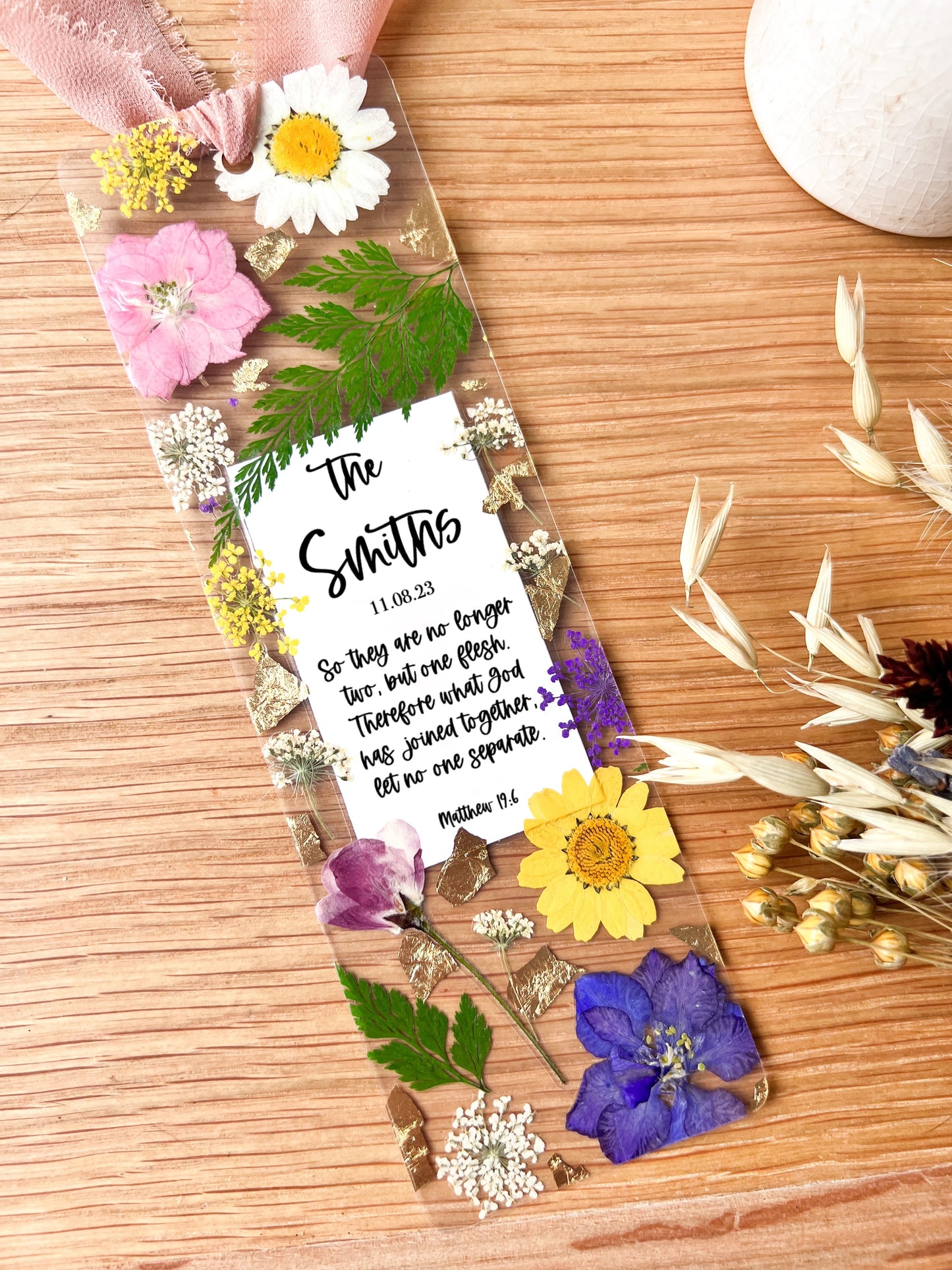 Matthew 19:6 | One Flesh (Last Name Ver.) | Pressed Flower Bookmark